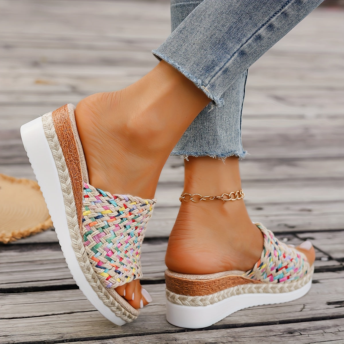 Damen Plateau-Slipper Multicolor Riemen Bequem Sommer Boho-Stil