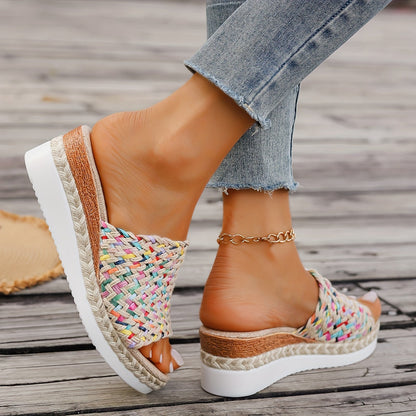 Damen Plateau-Slipper Multicolor Riemen Bequem Sommer Boho-Stil