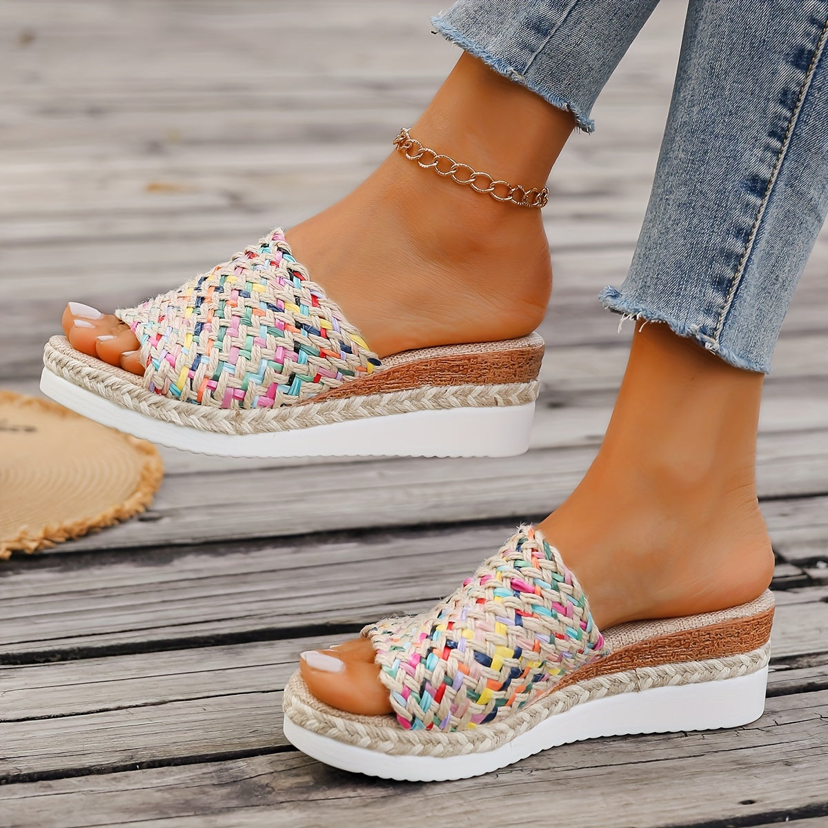 Damen Plateau-Slipper Multicolor Riemen Bequem Sommer Boho-Stil