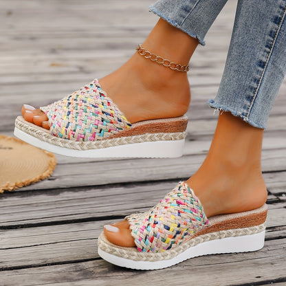 Damen Plateau-Slipper Multicolor Riemen Bequem Sommer Boho-Stil