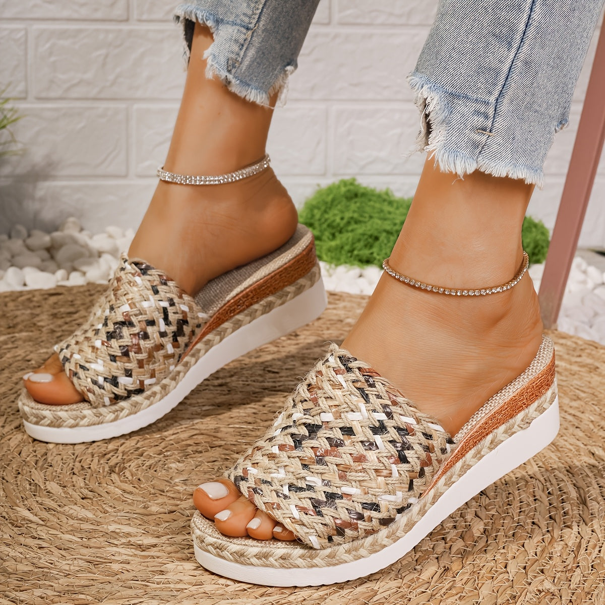 Damen Plateau-Slipper Multicolor Riemen Bequem Sommer Boho-Stil