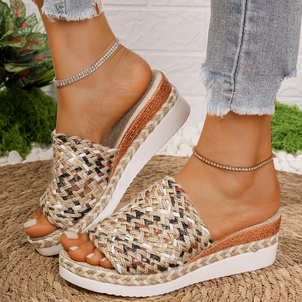 Damen Plateau-Slipper Multicolor Riemen Bequem Sommer Boho-Stil