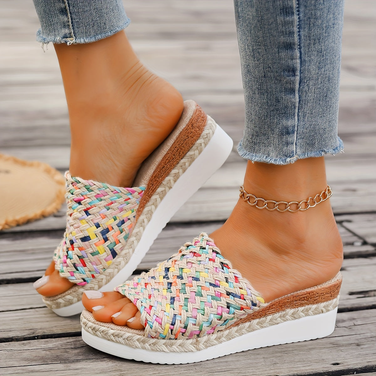 Damen Plateau-Slipper Multicolor Riemen Bequem Sommer Boho-Stil - Eveloria