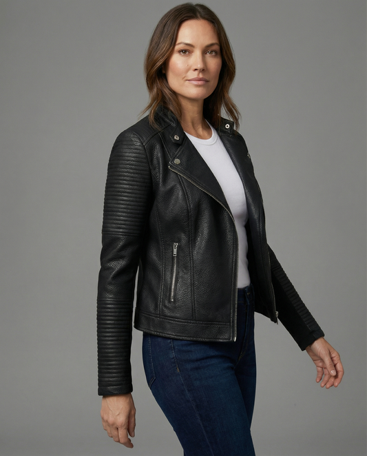 Damen Lederjacke Taillierte Optik Schwarz - Eveloria