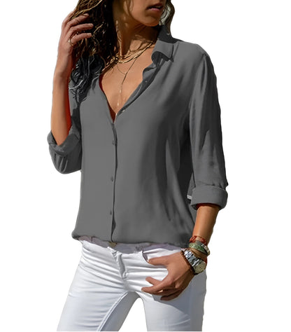 Damen Soft Touch Bluse Langarm Knöpfe Reverskragen Beige