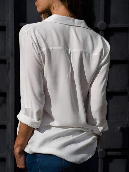 Damen Soft Touch Bluse Langarm Knöpfe Reverskragen Beige