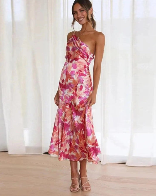 Damen Maxikleid Asymmetrisch Blumenmuster Sommerkleid - Eveloria