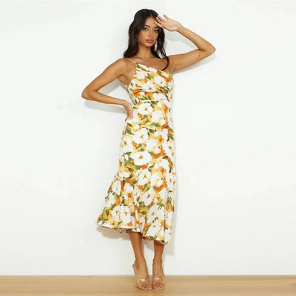 Damen Maxikleid Asymmetrisch Blumenmuster Sommerkleid