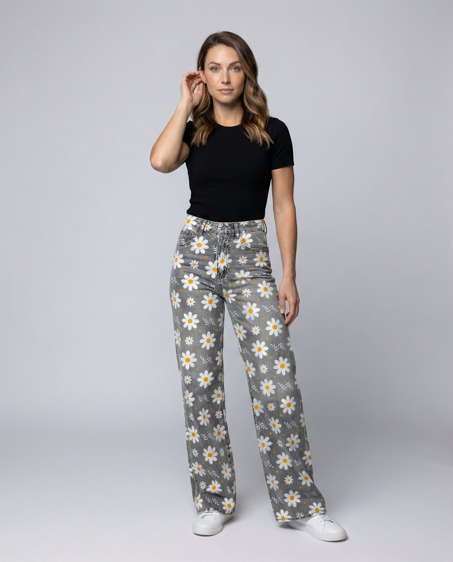 Damen Jeans Weite Floral Blumenmuster - Eveloria