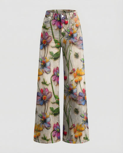 Damen Jeans Weite Floral Blumenmuster