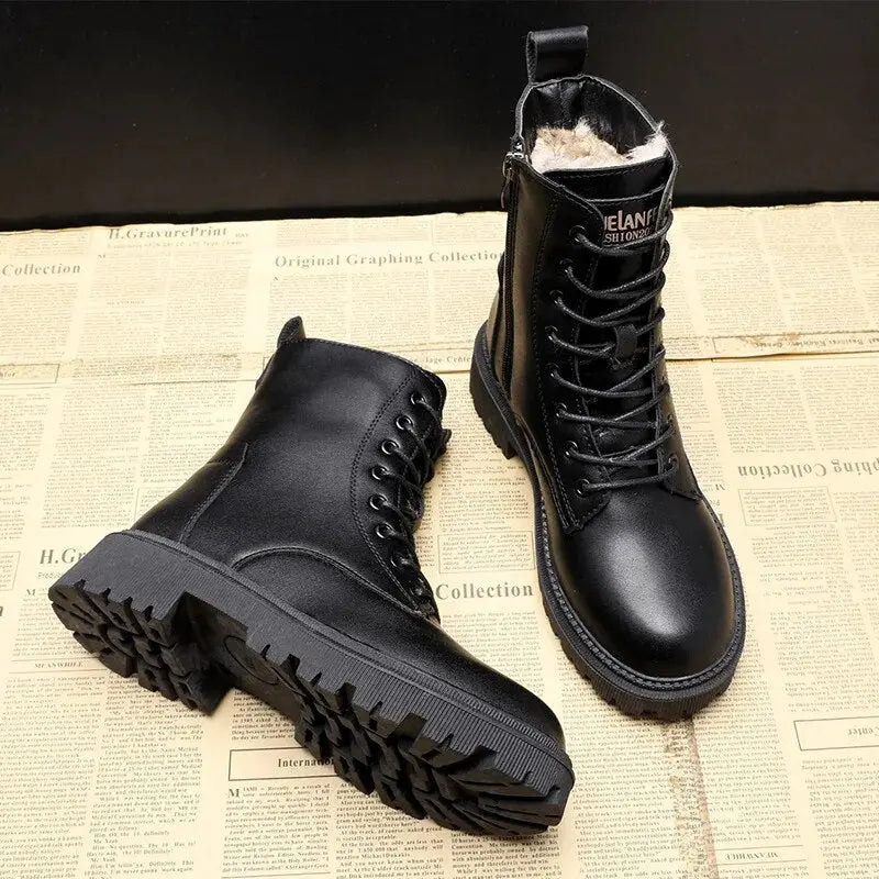 Damen Schnürstiefeletten Leder Warmfutter Rutschfest