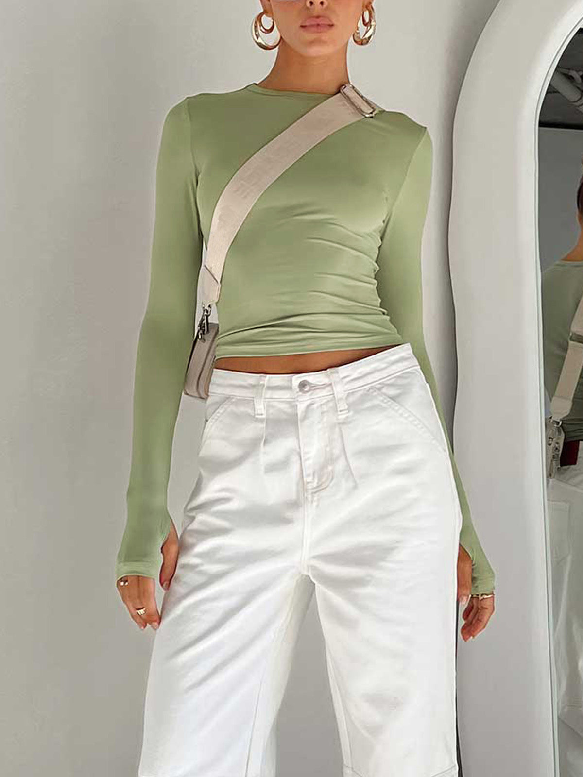 Damen Langarm Crop Sommer Baumwolle Weiß