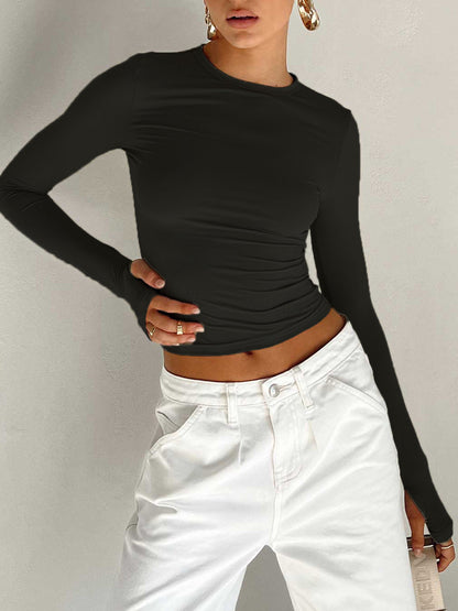 Damen Langarm Crop Sommer Baumwolle Weiß