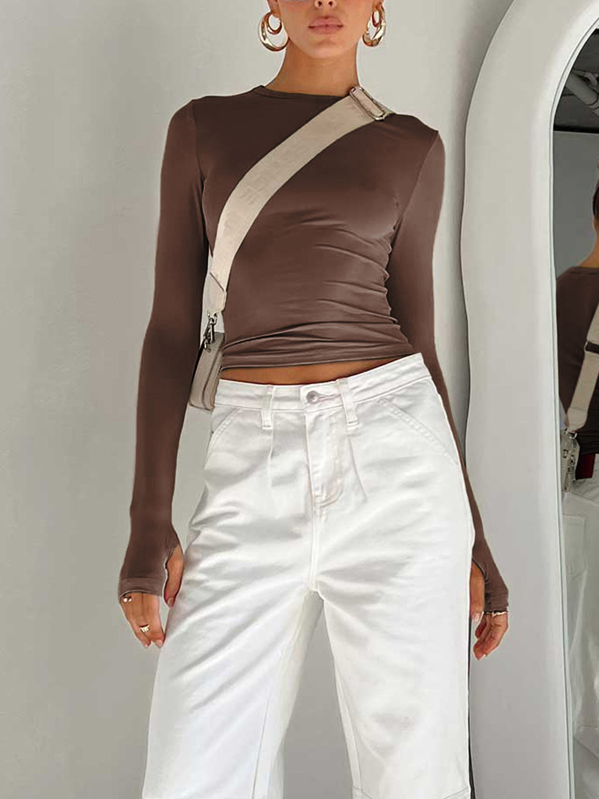 Damen Langarm Crop Sommer Baumwolle Weiß