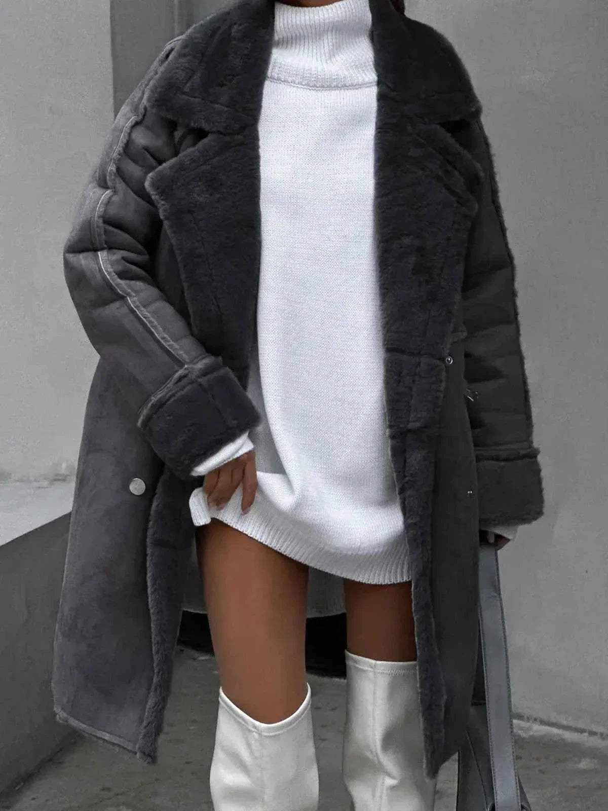 Damen Winterjacke Lang Reverskragen Fleece