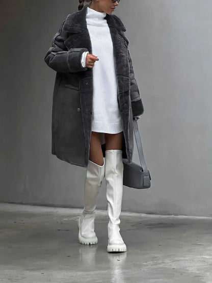 Damen Winterjacke Lang Reverskragen Fleece
