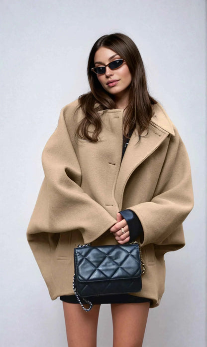 Damen Oversize Wintermantel Reverskragen Asymmetrischer