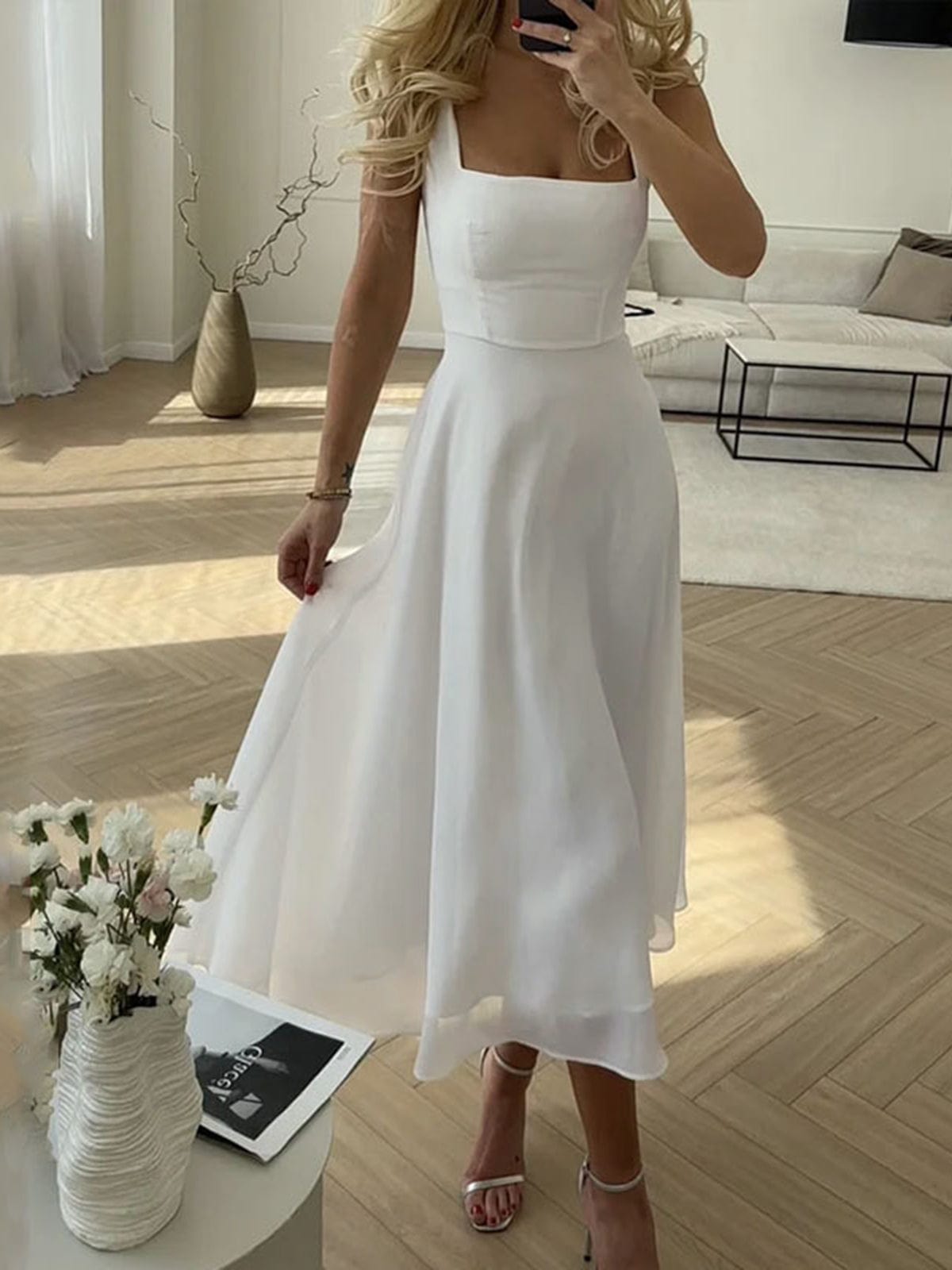 Damen Ärmelloses Midi-Kleid A-Linie Quadrat-Hals Schwarz - Eveloria