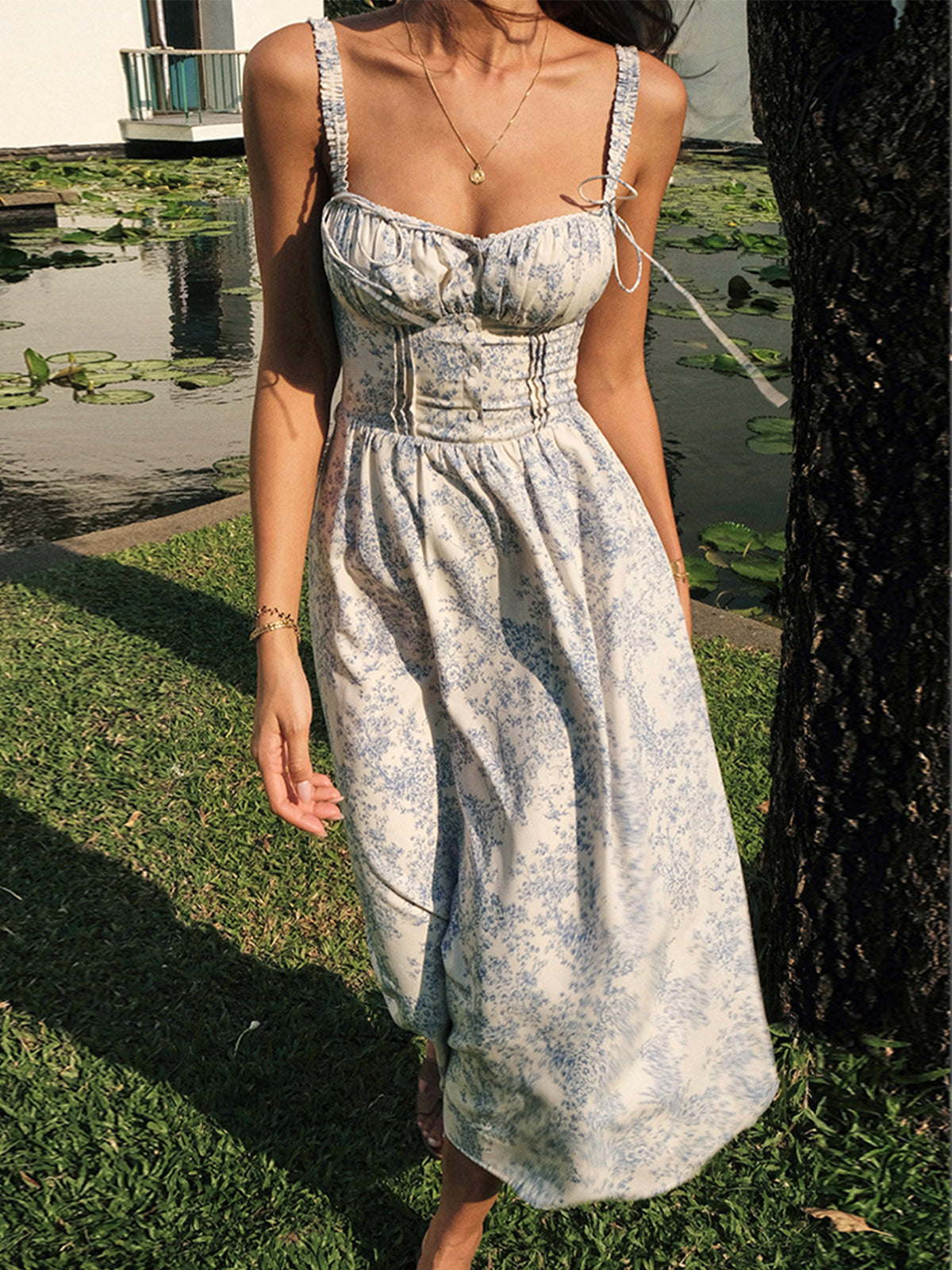 Eveloria Damen Midi Kleid Blumenmuster