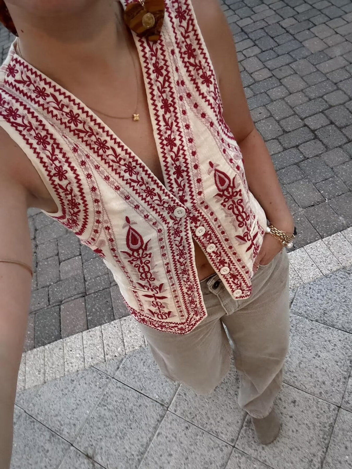 Eveloria Damen Ärmellose Weste Bestickt Gürtel - Eveloria
