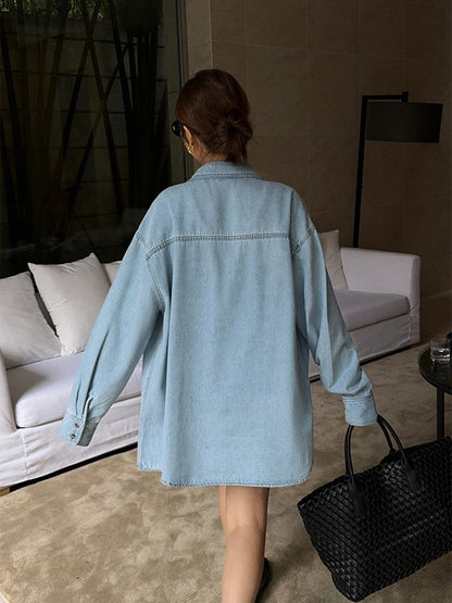 Damen Oversize Jeansbluse Baumwolle Bequem Blau