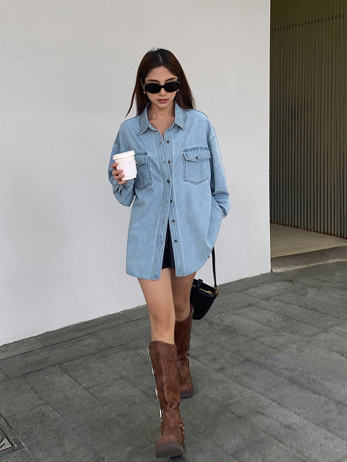 Damen Oversize Jeansbluse Baumwolle Bequem Blau - Norvielle