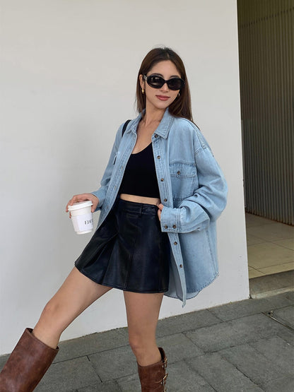 Damen Oversize Jeansbluse Baumwolle Bequem Blau