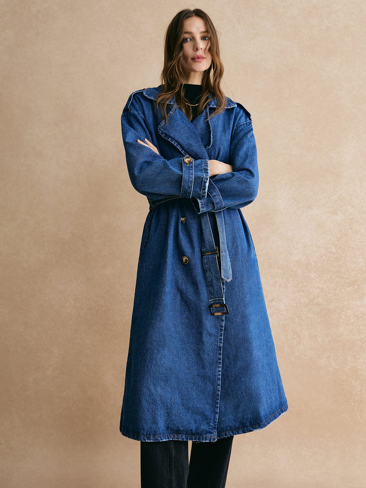 Damen Oversized Denim Trenchcoat Lässig Blau