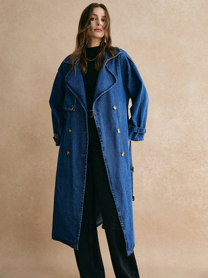 Damen Oversized Denim Trenchcoat Lässig Blau