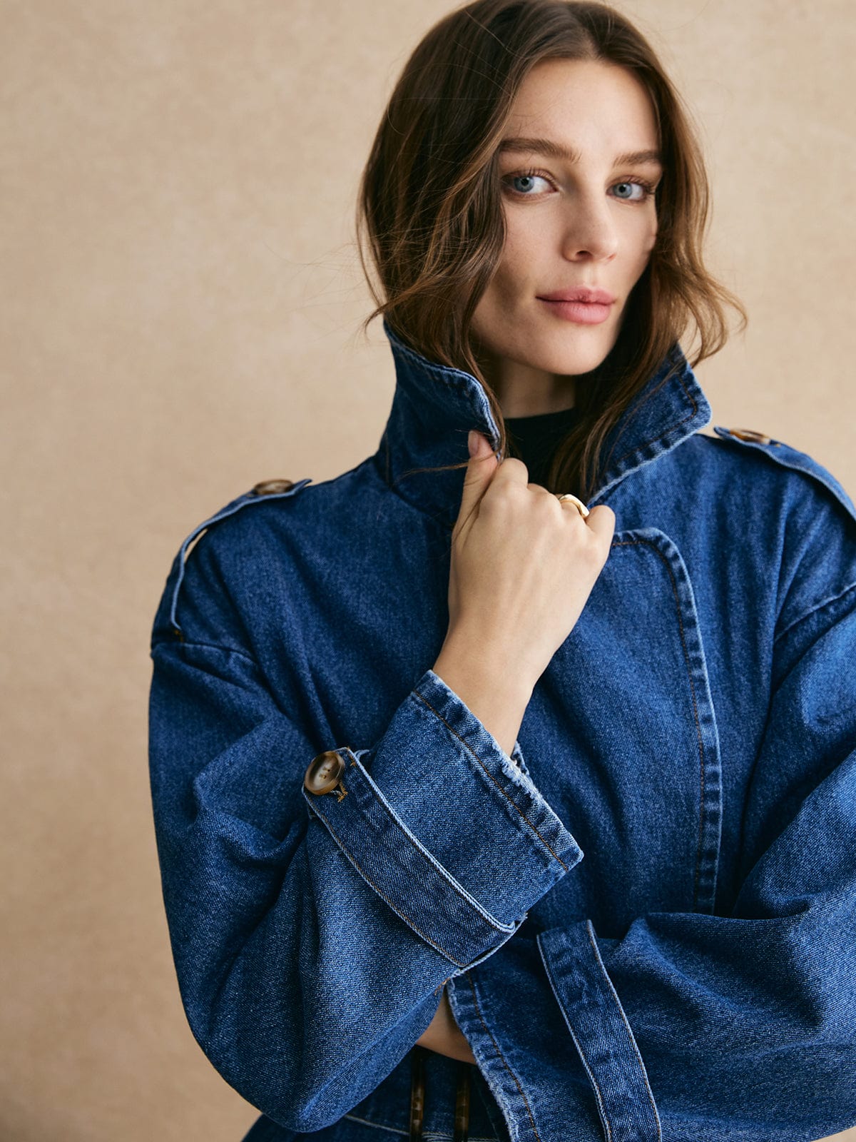 Damen Oversized Denim Trenchcoat Lässig Blau
