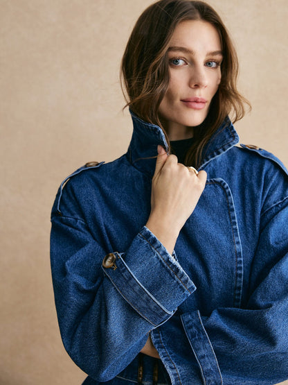 Damen Oversized Denim Trenchcoat Lässig Blau
