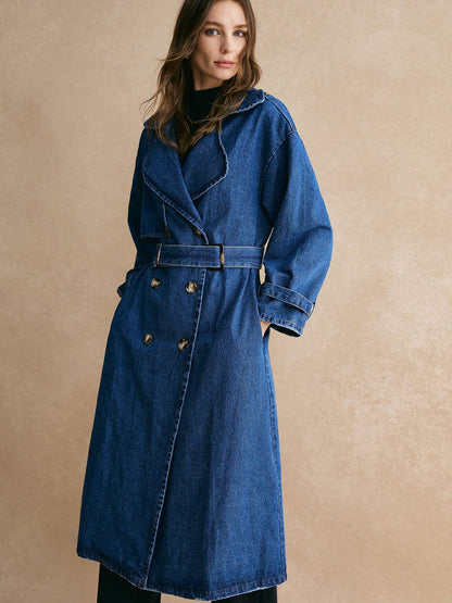 Damen Oversized Denim Trenchcoat Lässig Blau