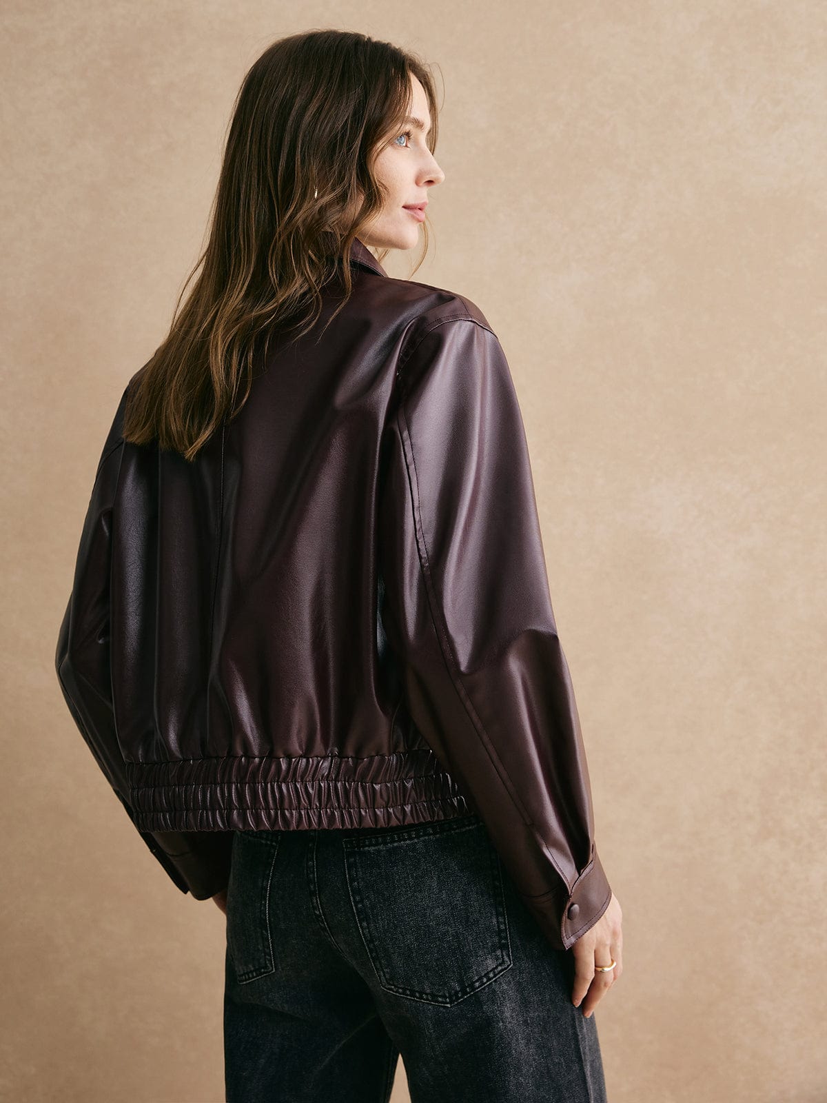Damen Lederjacke Cropped Lederoberfläche Elegant