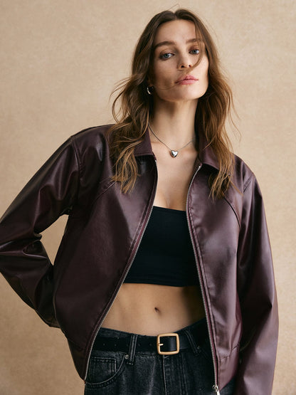Damen Lederjacke Cropped Lederoberfläche Elegant