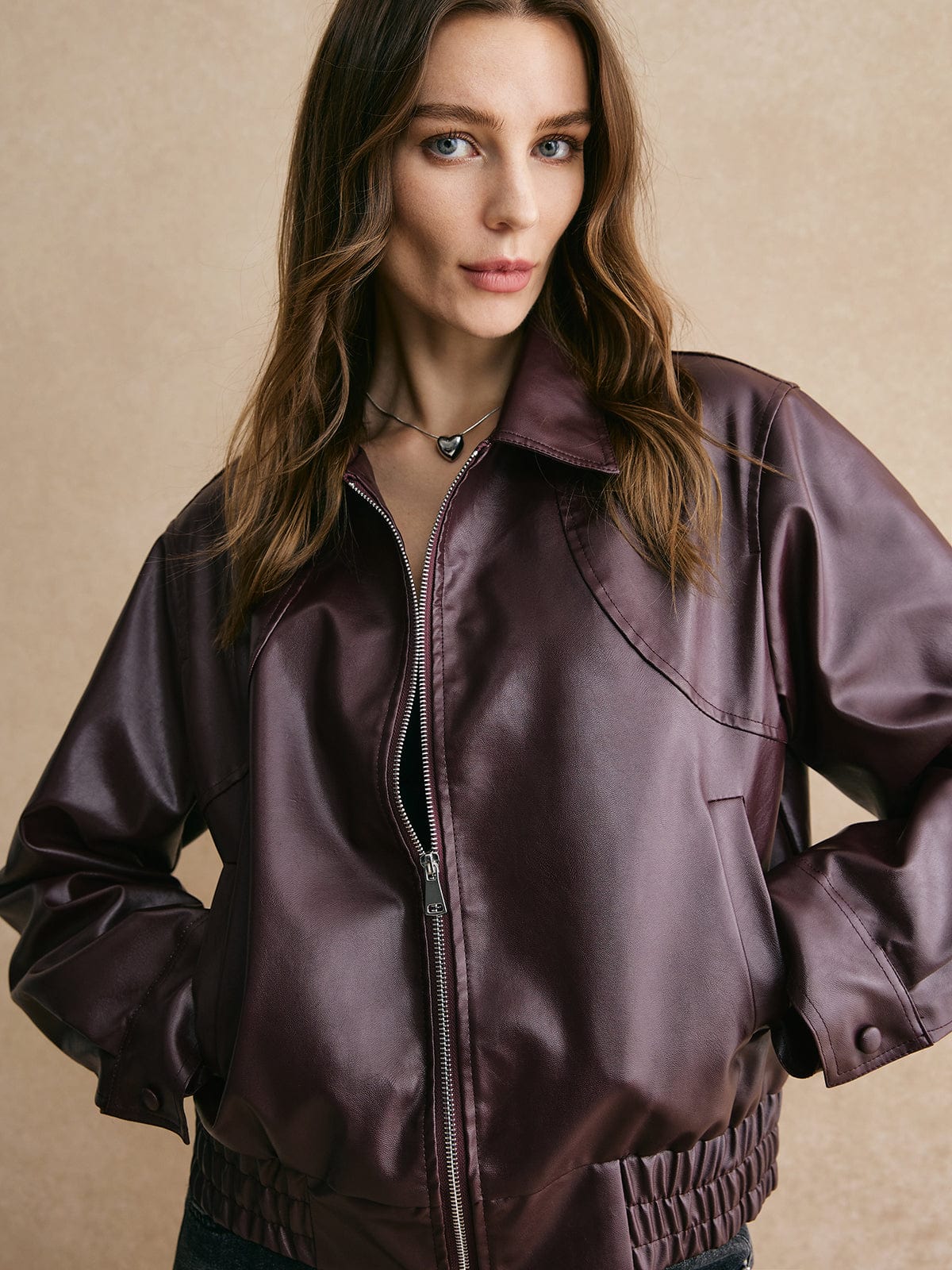 Damen Lederjacke Cropped Lederoberfläche Elegant