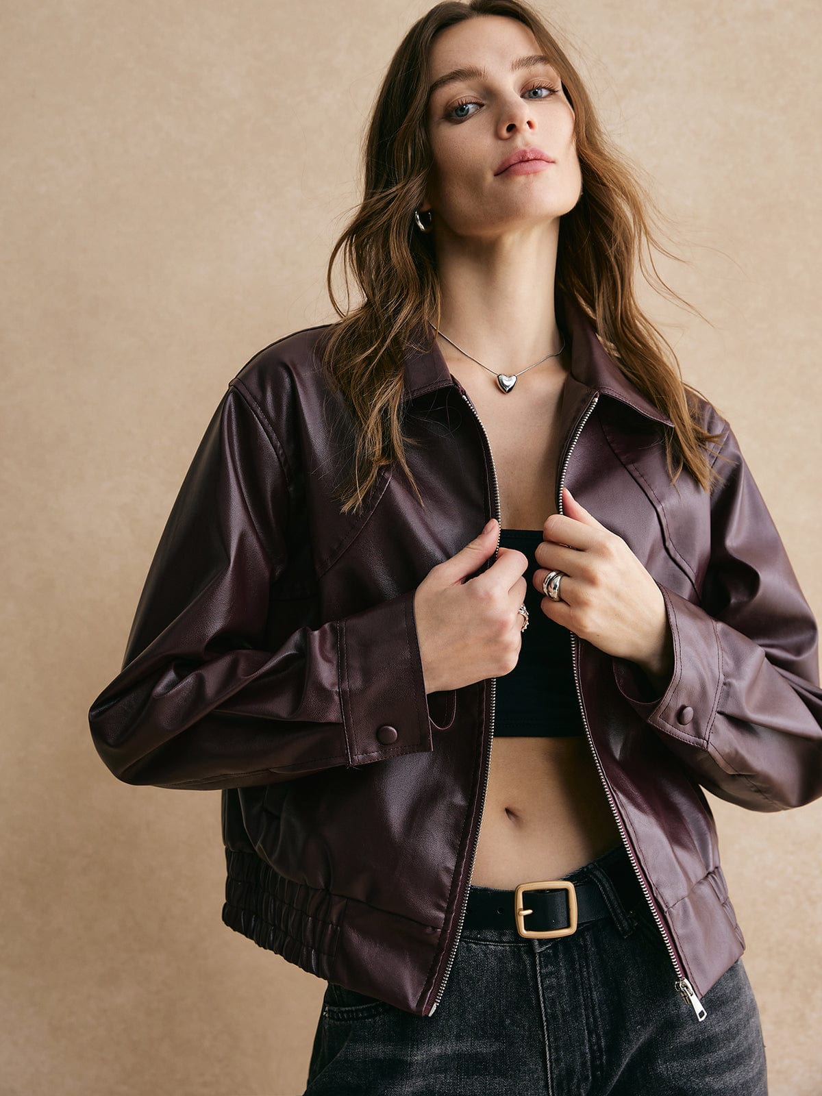 Damen Lederjacke Cropped Lederoberfläche Elegant