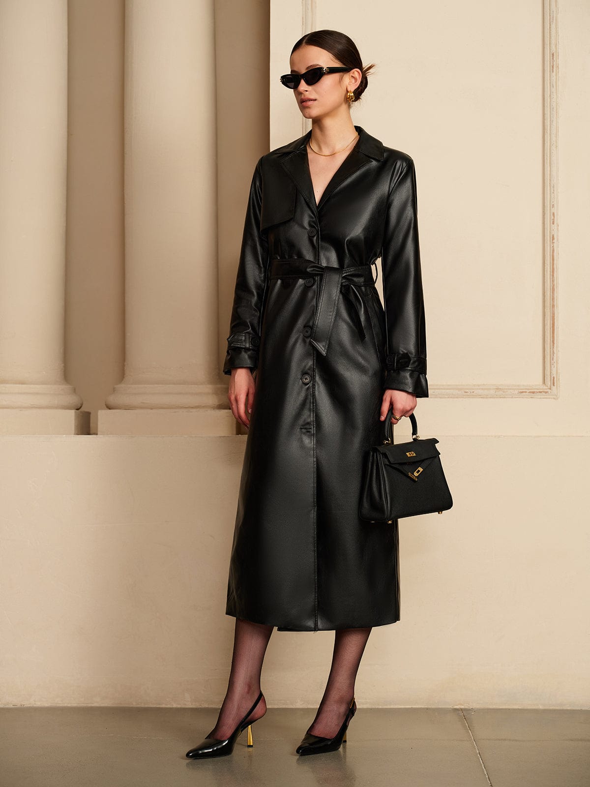Damen Leder-Trenchcoat Elegantes Design Schwarz - Norvielle