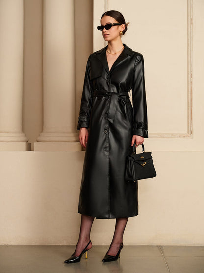 Damen Leder-Trenchcoat Elegantes Design Schwarz - Norvielle