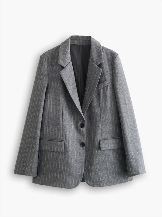 Damen Oversized Blazer Grau Pinstripe 2-Knopf - Norvielle