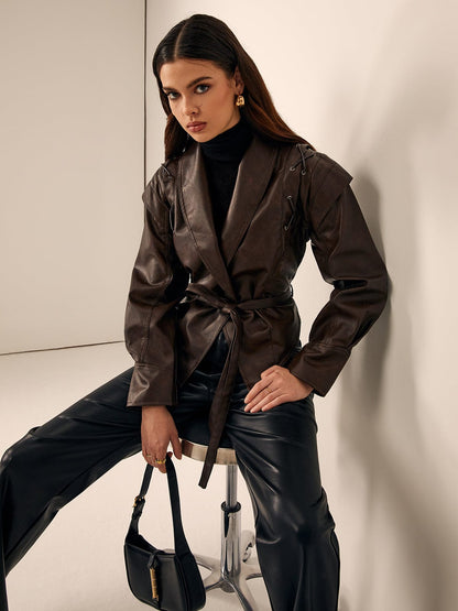 Damen Lederblazer Tailliert Gürtel