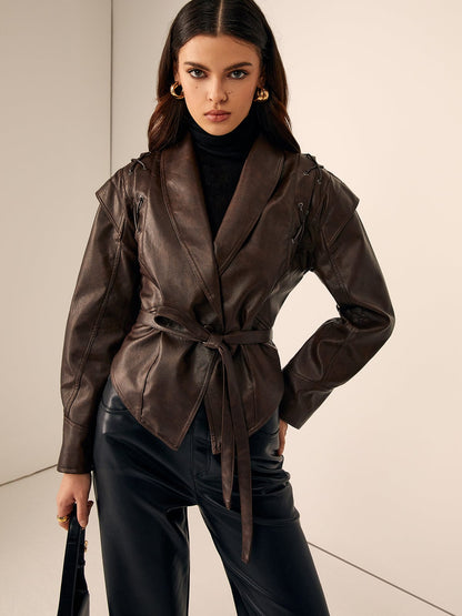 Damen Lederblazer Tailliert Gürtel