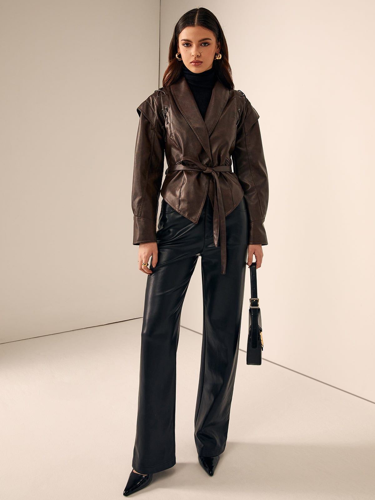 Damen Lederblazer Tailliert Gürtel