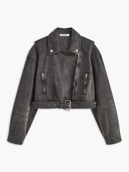 Schwarze Damen Bikerjacke Denim Cropped - Norvielle