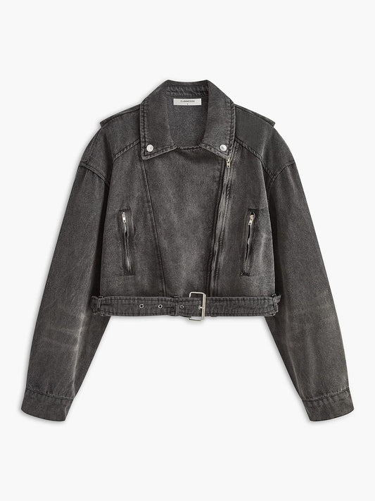 Schwarze Damen Bikerjacke Denim Cropped - Norvielle