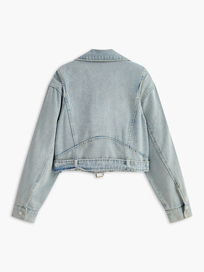 Damen Cropped Bikerjacke Denim