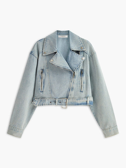 Damen Cropped Bikerjacke Denim Schwarz - Norvielle