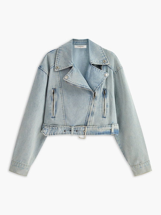 Damen Cropped Bikerjacke Denim Schwarz - Norvielle