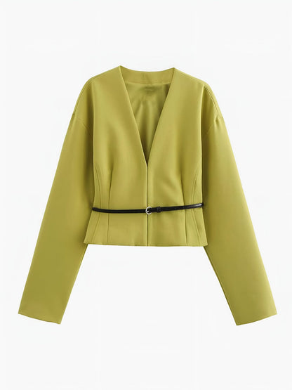 Damen Blazer V-Ausschnitt mit schmalem Gürtel Schwarz - Norvielle