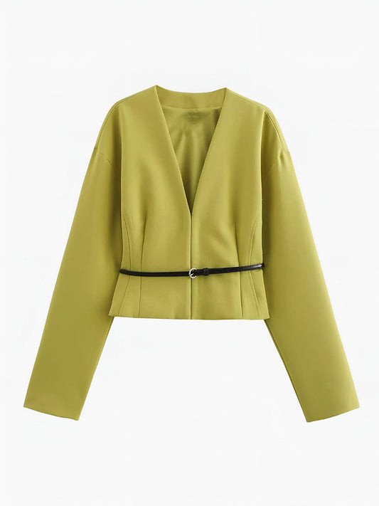 Damen Blazer V-Ausschnitt mit schmalem Gürtel Schwarz - Norvielle