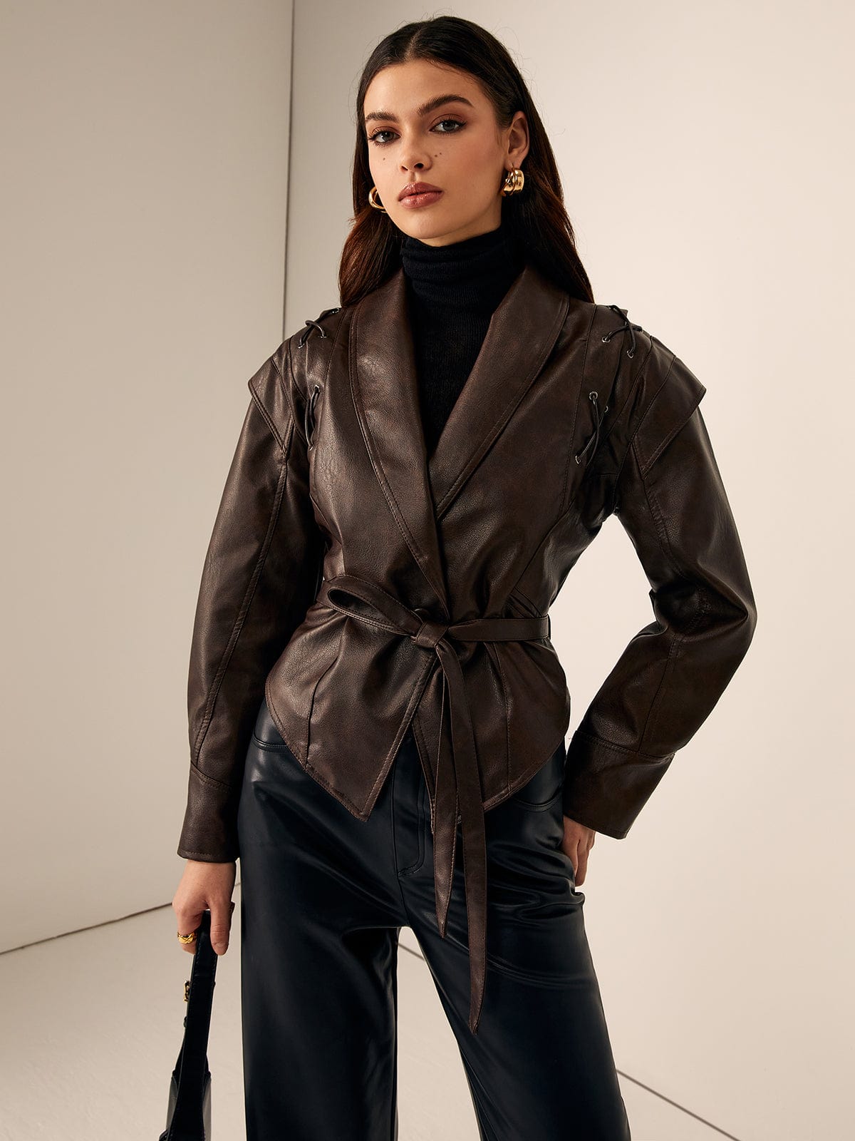 Damen Lederblazer Tailliert Gürtel Schwarz - Norvielle